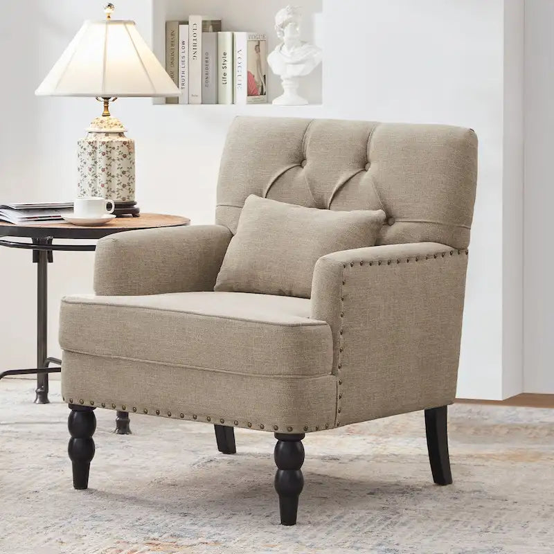 Fauteuil d'appoint capitonné une place avec oreiller lombaire, bleu lac / gris / beige / marron