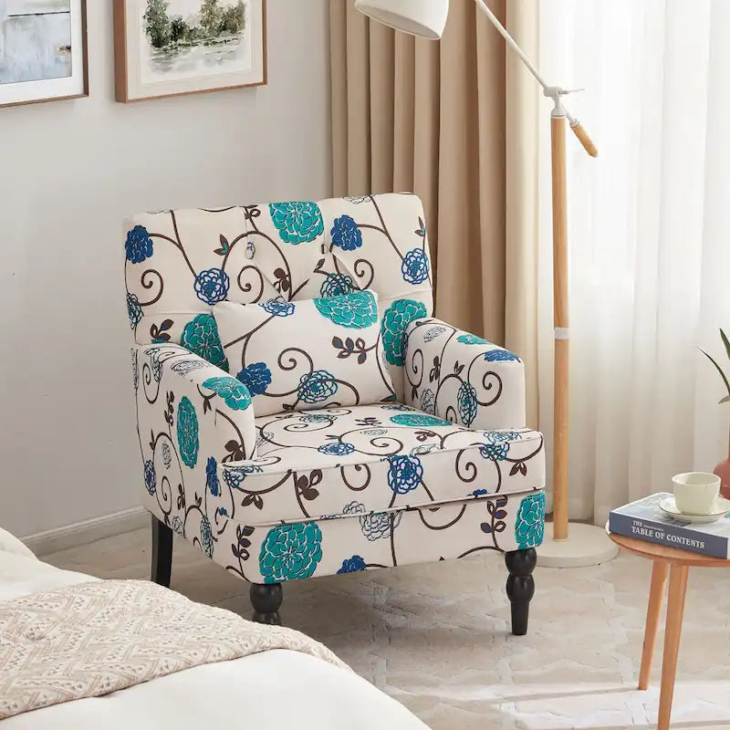 Fauteuil d'appoint capitonné une place avec oreiller lombaire, bleu lac / gris / beige / marron
