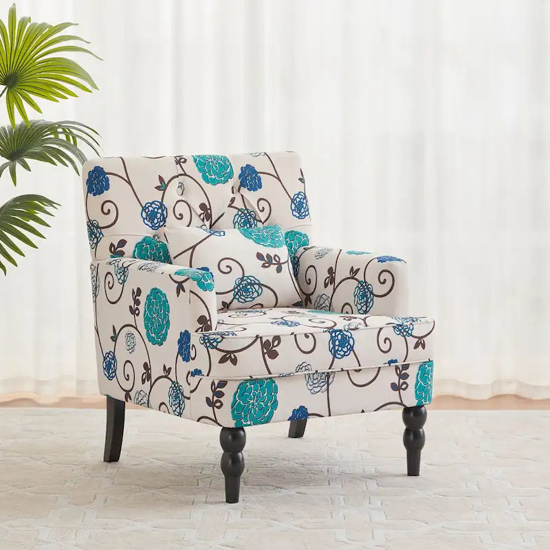 Fauteuil d'appoint capitonné une place avec oreiller lombaire, bleu lac / gris / beige / marron