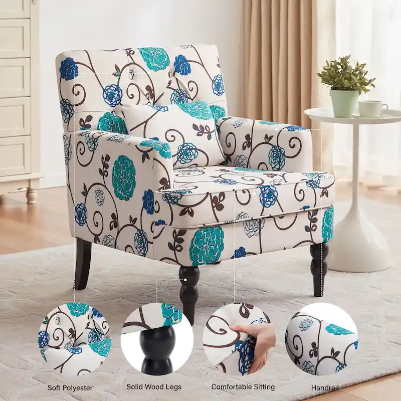Fauteuil d'appoint capitonné une place avec oreiller lombaire, bleu lac / gris / beige / marron