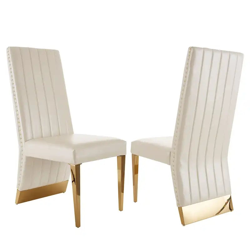 Chaise de salle à manger capitonnée à dossier haut, blanc/or, avec garniture cloutée, pieds en métal, siège simple