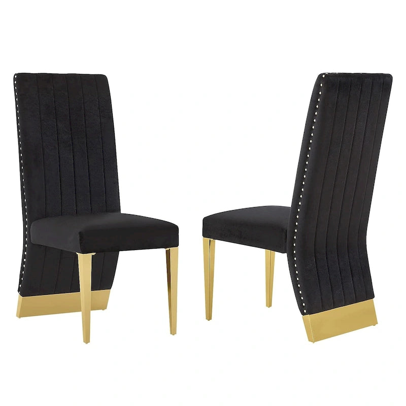 Chaise de salle à manger capitonnée à dossier haut, blanc/or, avec garniture cloutée, pieds en métal, siège simple