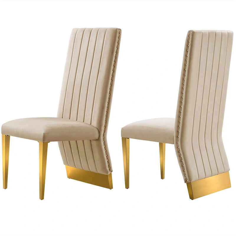 Chaise de salle à manger capitonnée à dossier haut, blanc/or, avec garniture cloutée, pieds en métal, siège simple