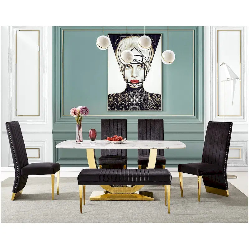 Chaise de salle à manger capitonnée à dossier haut, blanc/or, avec garniture cloutée, pieds en métal, siège simple