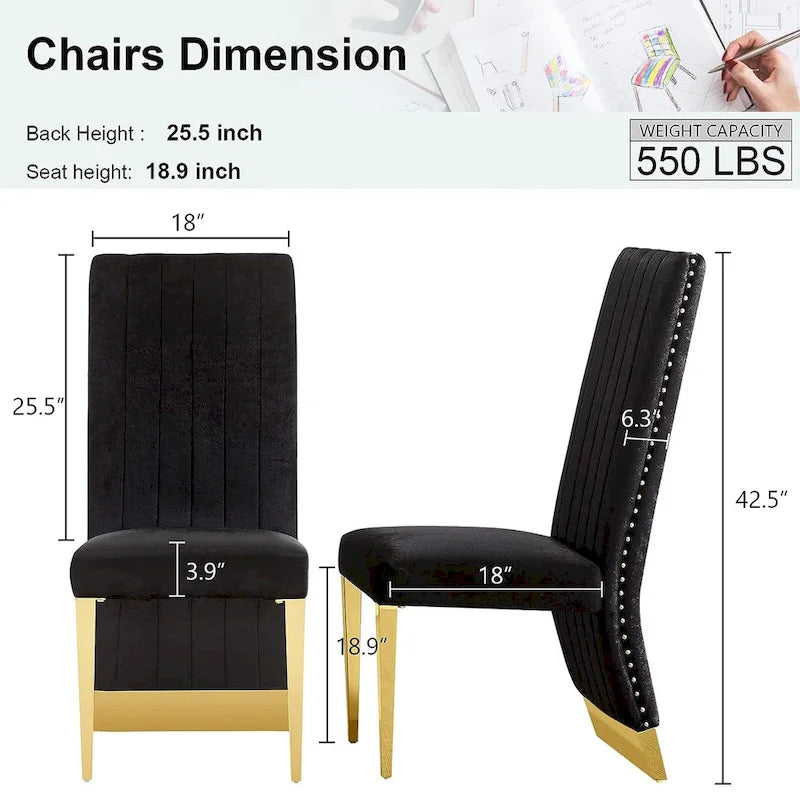 Chaise de salle à manger capitonnée à dossier haut, blanc/or, avec garniture cloutée, pieds en métal, siège simple