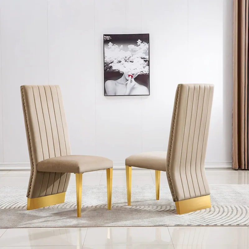 Chaise de salle à manger capitonnée à dossier haut, blanc/or, avec garniture cloutée, pieds en métal, siège simple