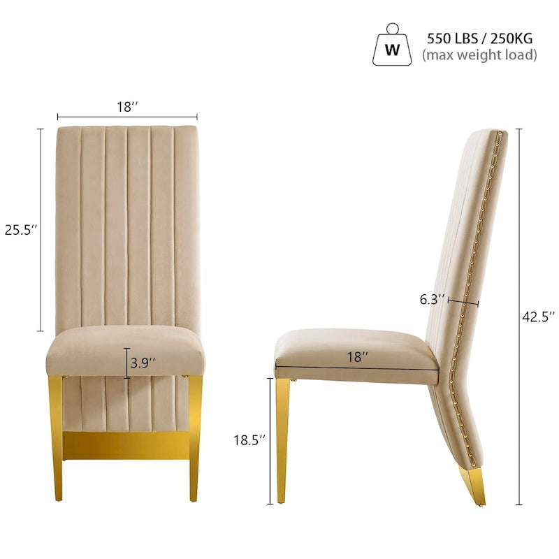 Chaise de salle à manger capitonnée à dossier haut, blanc/or, avec garniture cloutée, pieds en métal, siège simple