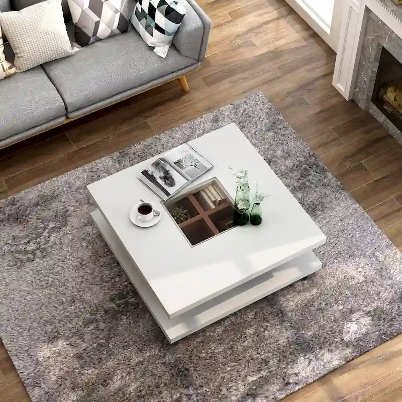 Table basse profil bas avec insert en verre à 2 niveaux, blanche