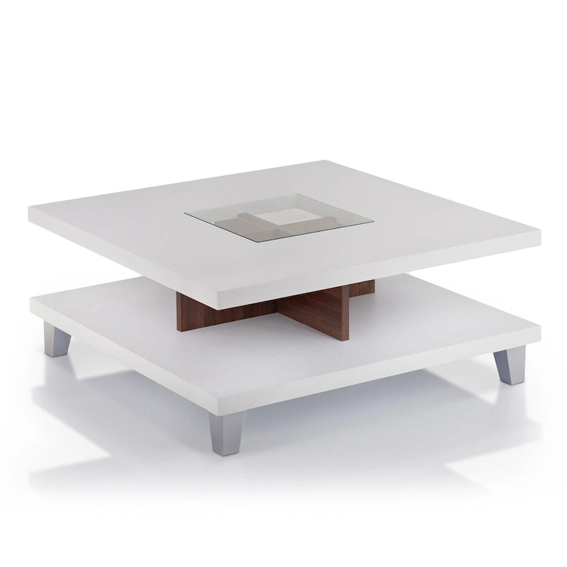 Table basse profil bas avec insert en verre à 2 niveaux, blanche