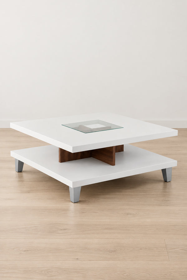 Table basse profil bas avec insert en verre à 2 niveaux, blanche