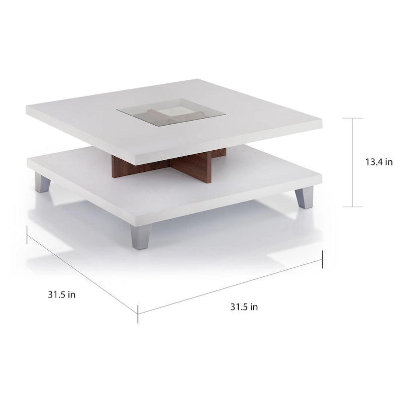 Table basse profil bas avec insert en verre à 2 niveaux, blanche