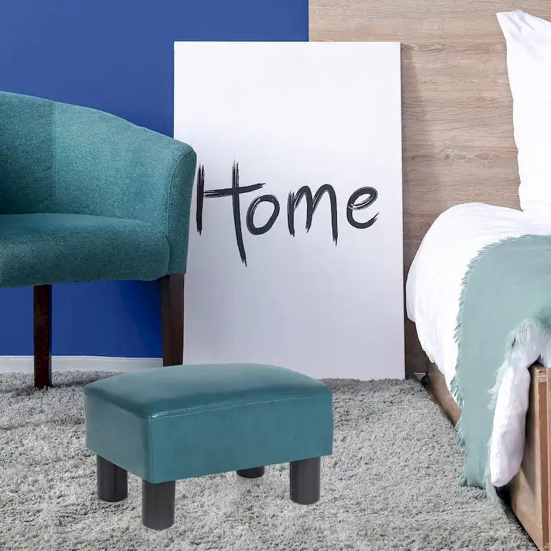 Pouff en similicuir carré bleu paon / jaune / multicolore, tabouret repose-pieds à siège unique