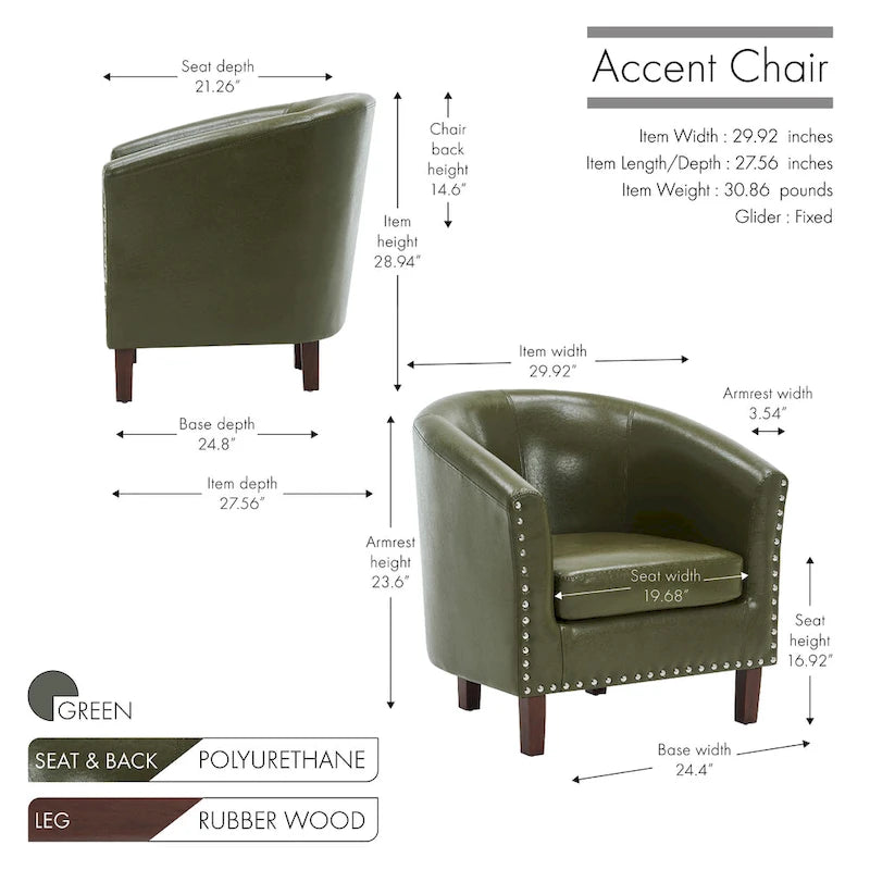 Fauteuil accent en similicuir (PU) — Gris / Noir / Marron / Turquoise / Vert