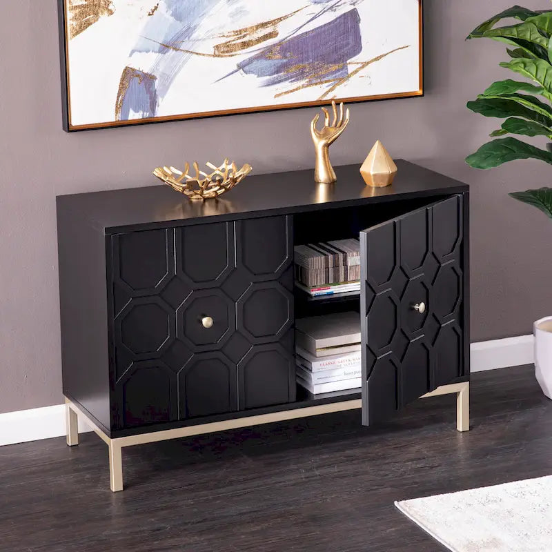 Meuble d'appoint contemporain 2 portes blanc et noir avec quincaillerie dorée