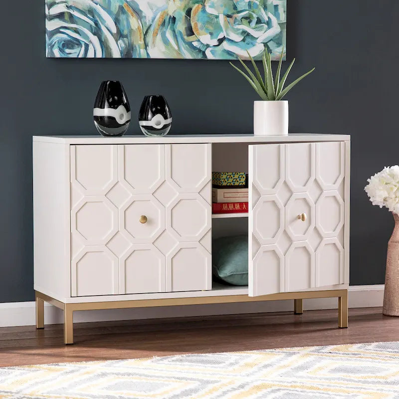 Meuble d'appoint contemporain 2 portes blanc et noir avec quincaillerie dorée