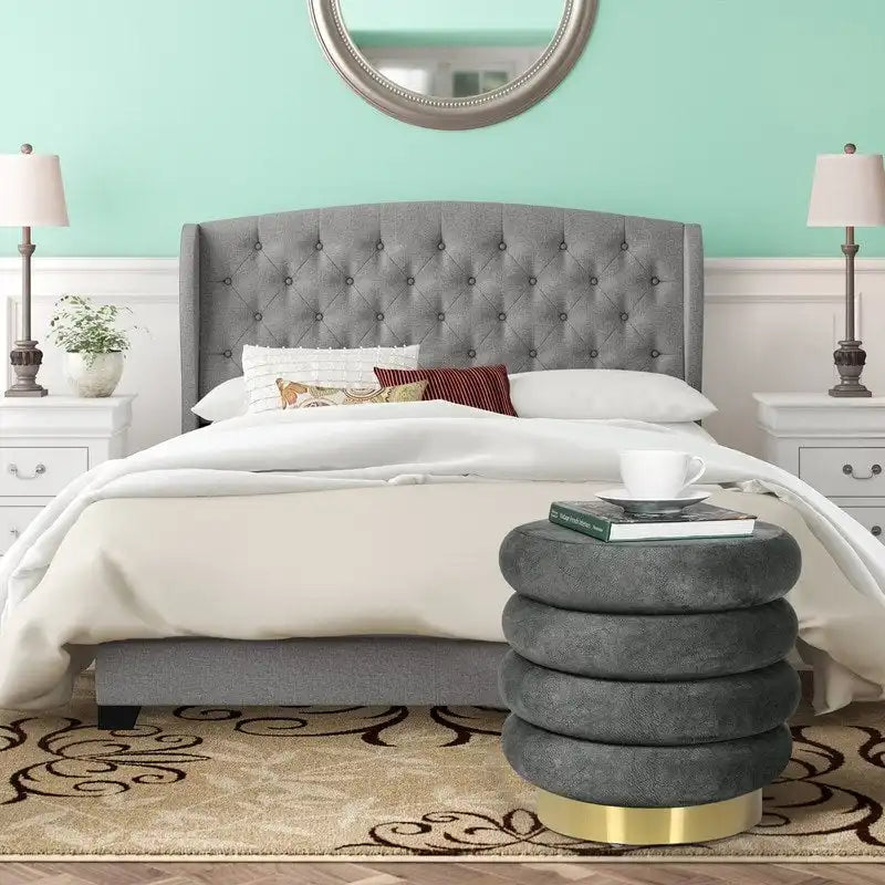 Pouf rond en velours, multicolore, une place, pieds en métal doré