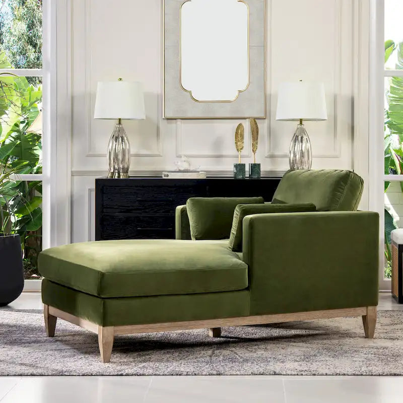Méridienne en velours haute performance, 1 place (Vert olive / Beige / Marron foncé)
