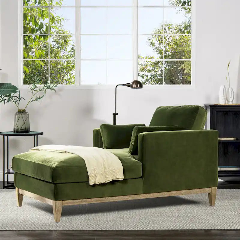 Méridienne en velours haute performance, 1 place (Vert olive / Beige / Marron foncé)