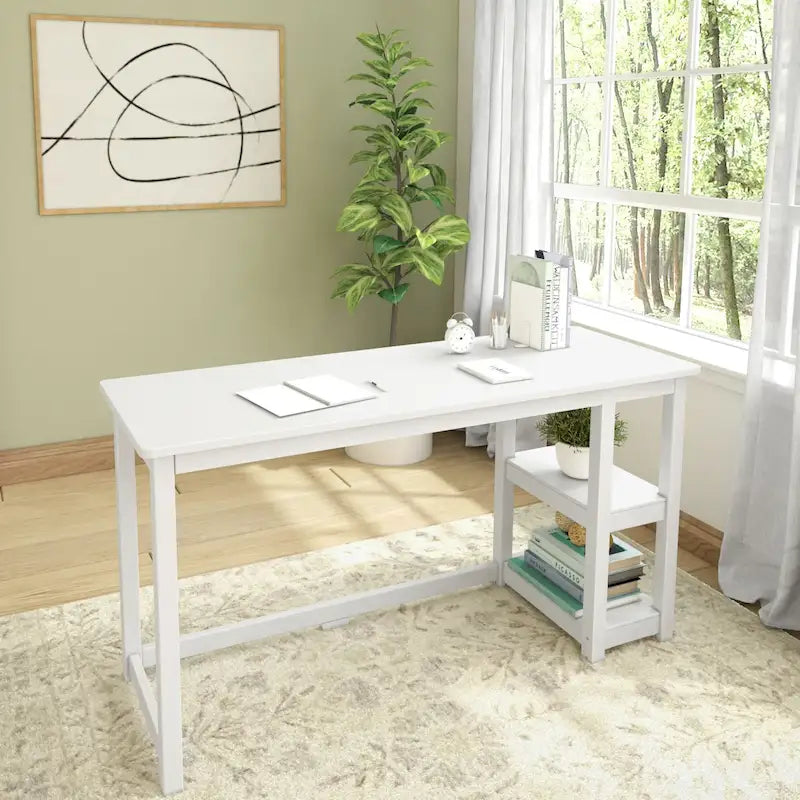 Bureau en bois avec 2 étagères – Blanc/Gris/Terre/Naturel, une personne
