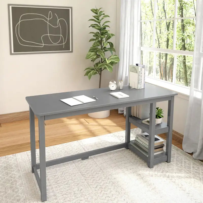 Bureau en bois avec 2 étagères – Blanc/Gris/Terre/Naturel, une personne