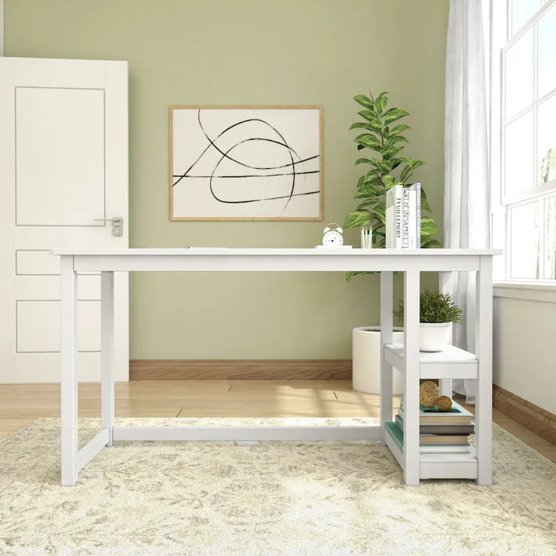 Bureau en bois avec 2 étagères – Blanc/Gris/Terre/Naturel, une personne