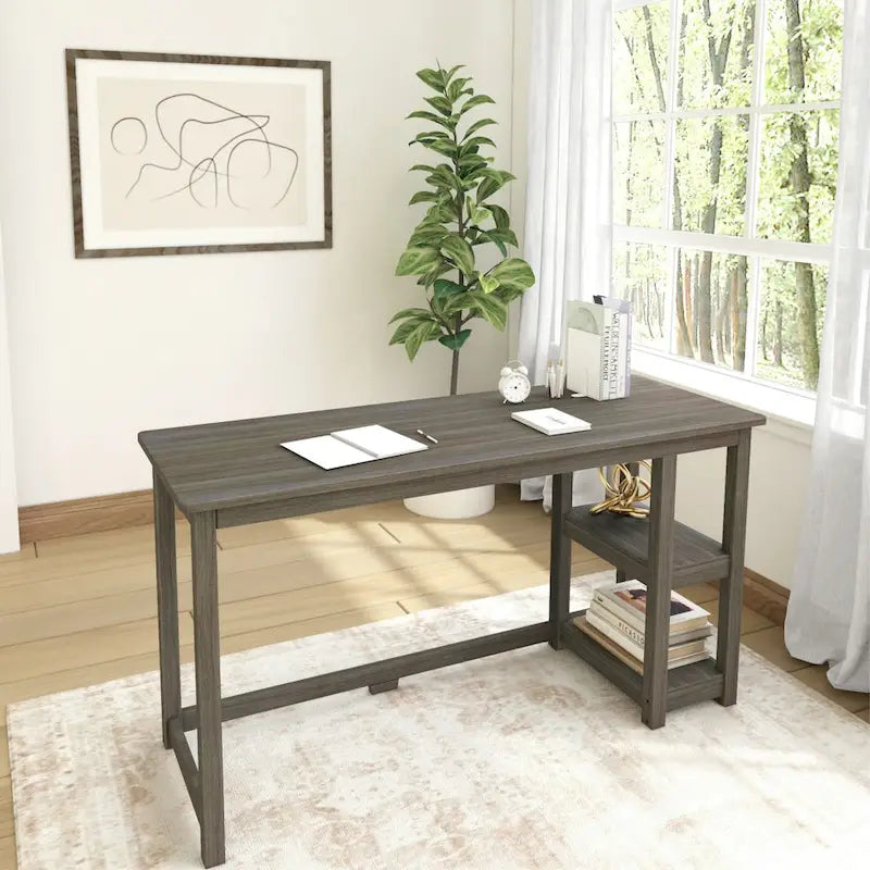 Bureau en bois avec 2 étagères – Blanc/Gris/Terre/Naturel, une personne