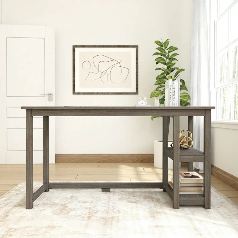 Bureau en bois avec 2 étagères – Blanc/Gris/Terre/Naturel, une personne