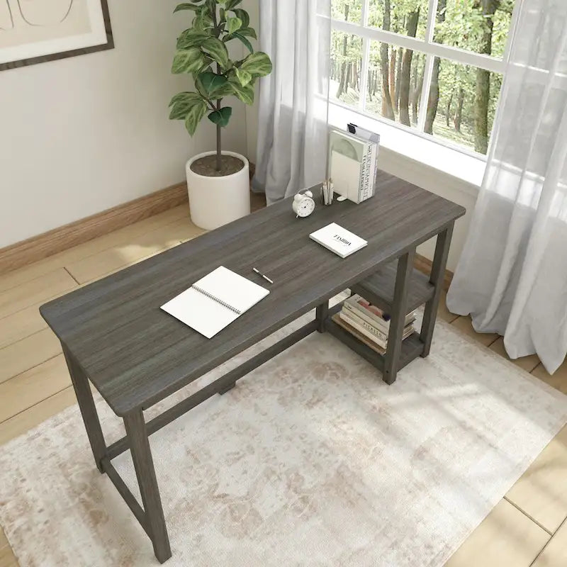 Bureau en bois avec 2 étagères – Blanc/Gris/Terre/Naturel, une personne