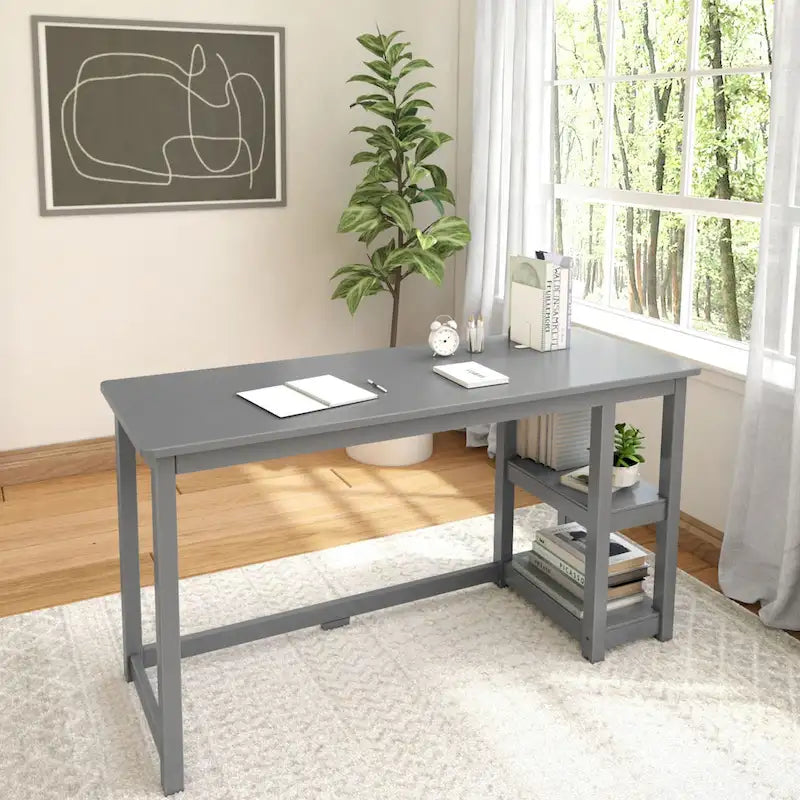 Bureau en bois avec 2 étagères – Blanc/Gris/Terre/Naturel, une personne