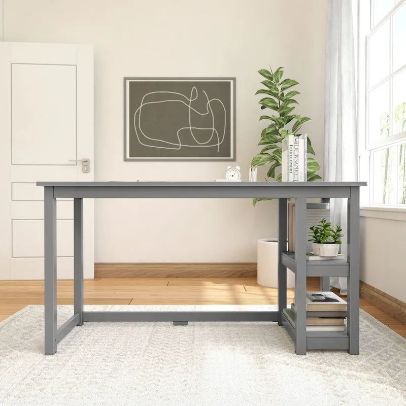 Bureau en bois avec 2 étagères – Blanc/Gris/Terre/Naturel, une personne