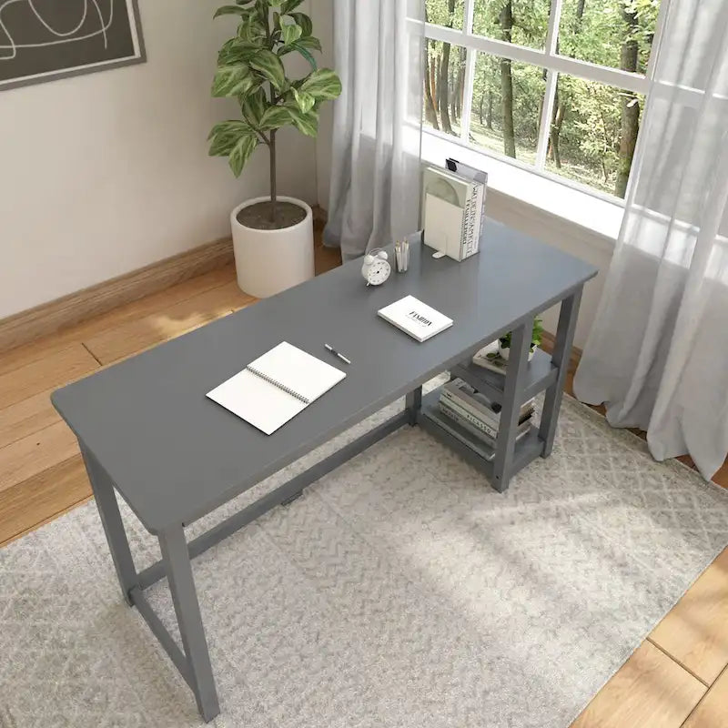 Bureau en bois avec 2 étagères – Blanc/Gris/Terre/Naturel, une personne