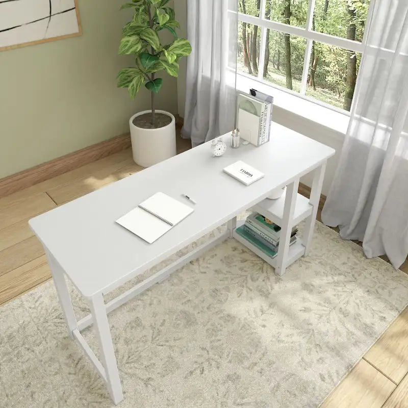 Bureau en bois avec 2 étagères – Blanc/Gris/Terre/Naturel, une personne