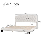 Lit plate-forme capitonné beige King, tête de lit en forme de selle, capitonnage en losanges, pour 2