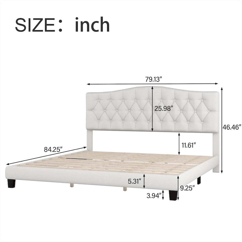 Lit plate-forme capitonné beige King, tête de lit en forme de selle, capitonnage en losanges, pour 2