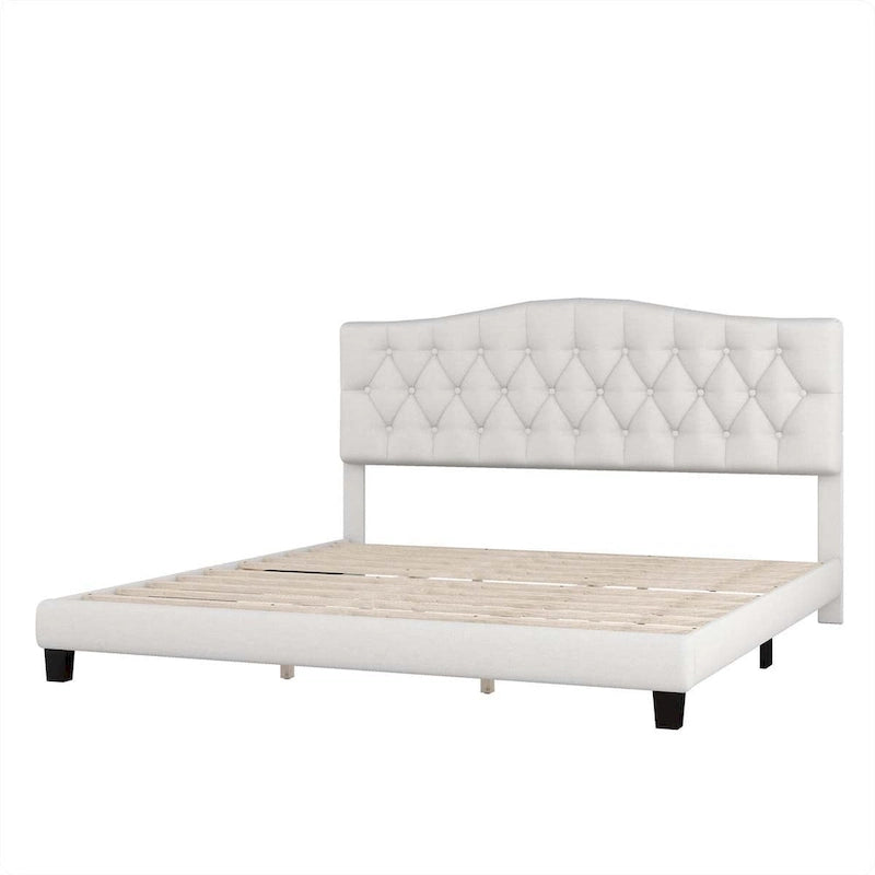 Lit plate-forme capitonné beige King, tête de lit en forme de selle, capitonnage en losanges, pour 2