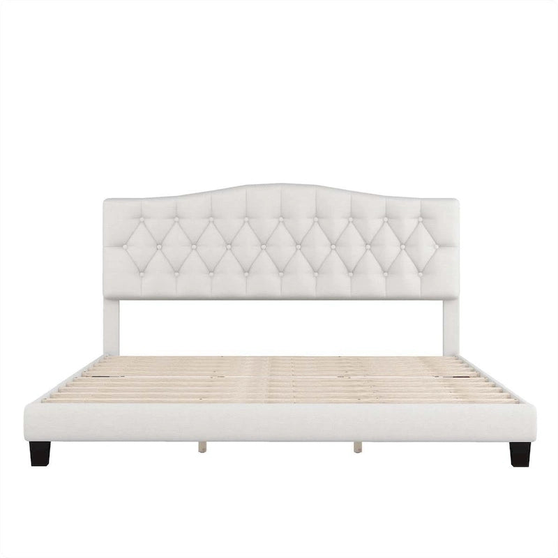 Lit plate-forme capitonné beige King, tête de lit en forme de selle, capitonnage en losanges, pour 2