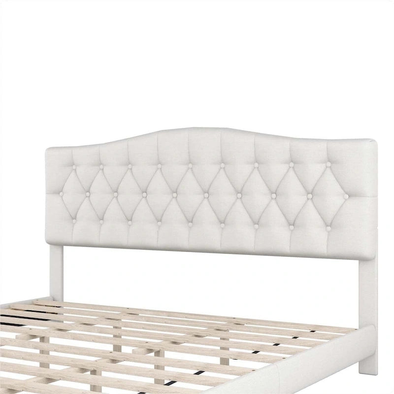 Lit plate-forme capitonné beige King, tête de lit en forme de selle, capitonnage en losanges, pour 2