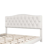 Lit plate-forme capitonné beige King, tête de lit en forme de selle, capitonnage en losanges, pour 2