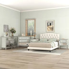 Lit plate-forme capitonné beige King, tête de lit en forme de selle, capitonnage en losanges, pour 2