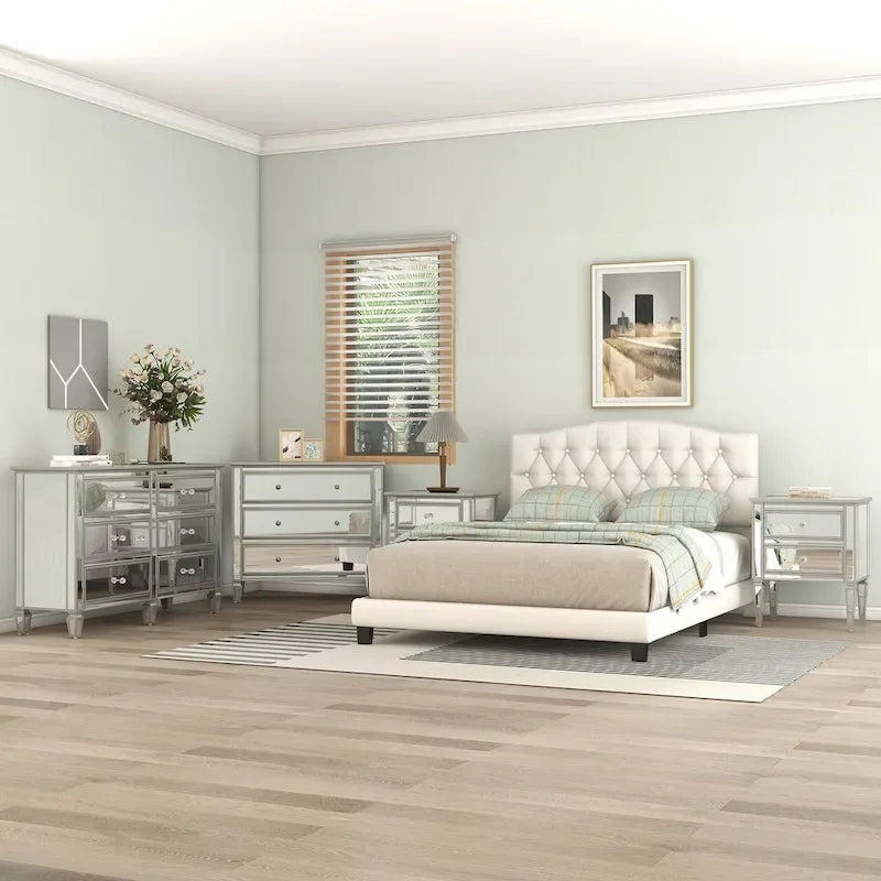 Lit plate-forme capitonné beige King, tête de lit en forme de selle, capitonnage en losanges, pour 2
