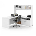 Bureau d'angle en L blanc et gris noyer avec huche ouverte, pour une personne
