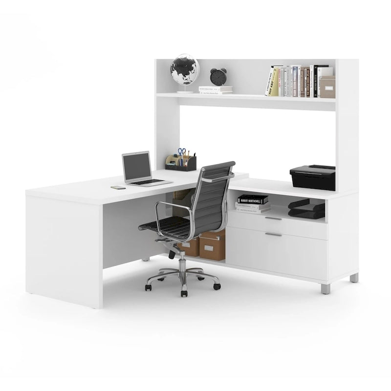 Bureau d'angle en L blanc et gris noyer avec huche ouverte, pour une personne