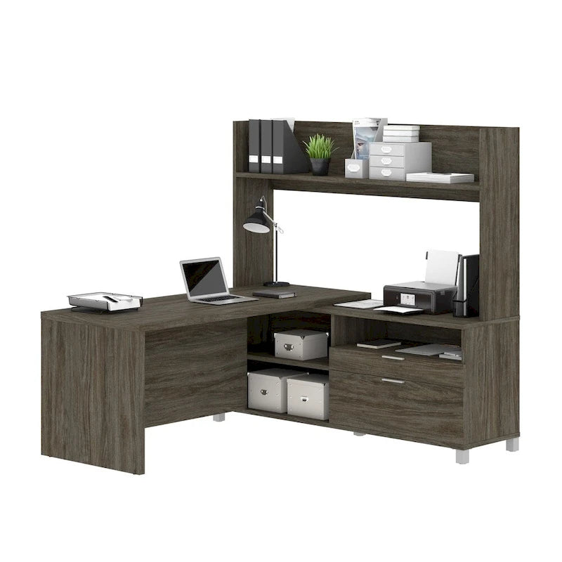 Bureau d'angle en L blanc et gris noyer avec huche ouverte, pour une personne