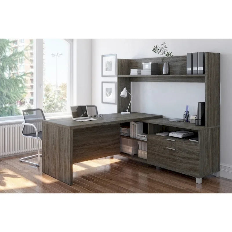 Bureau d'angle en L blanc et gris noyer avec huche ouverte, pour une personne