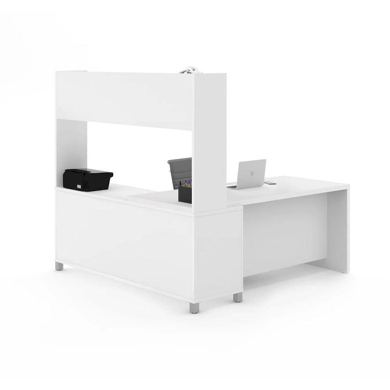 Bureau d'angle en L blanc et gris noyer avec huche ouverte, pour une personne