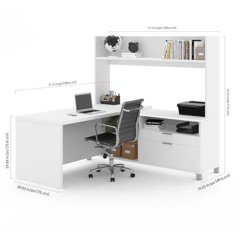Bureau d'angle en L blanc et gris noyer avec huche ouverte, pour une personne