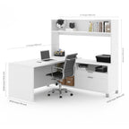 Bureau d'angle en L blanc et gris noyer avec huche ouverte, pour une personne