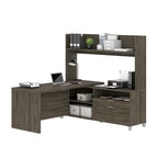 Bureau d'angle en L blanc et gris noyer avec huche ouverte, pour une personne