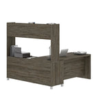 Bureau d'angle en L blanc et gris noyer avec huche ouverte, pour une personne
