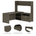 Bureau d'angle en L blanc et gris noyer avec huche ouverte, pour une personne